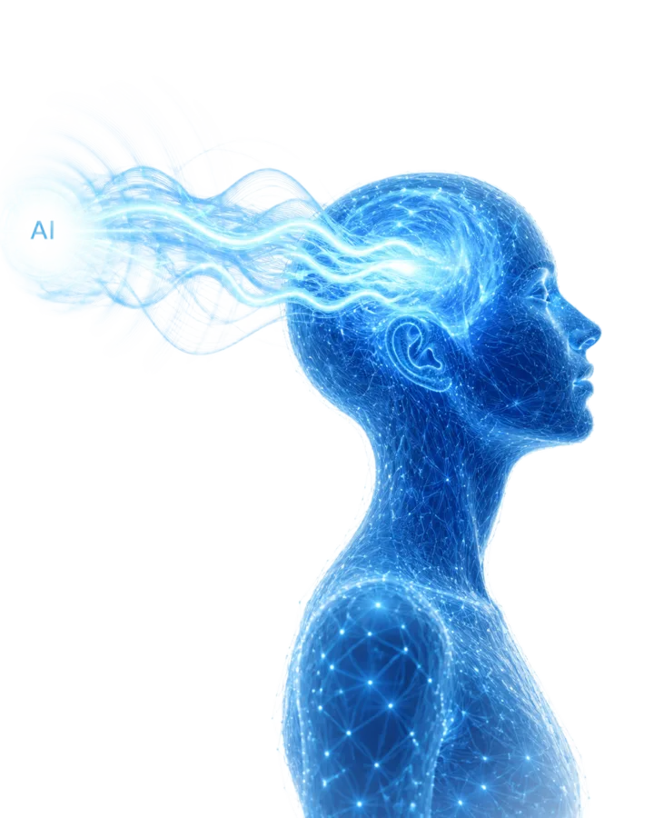 A digital human form receiving blue frequency waves