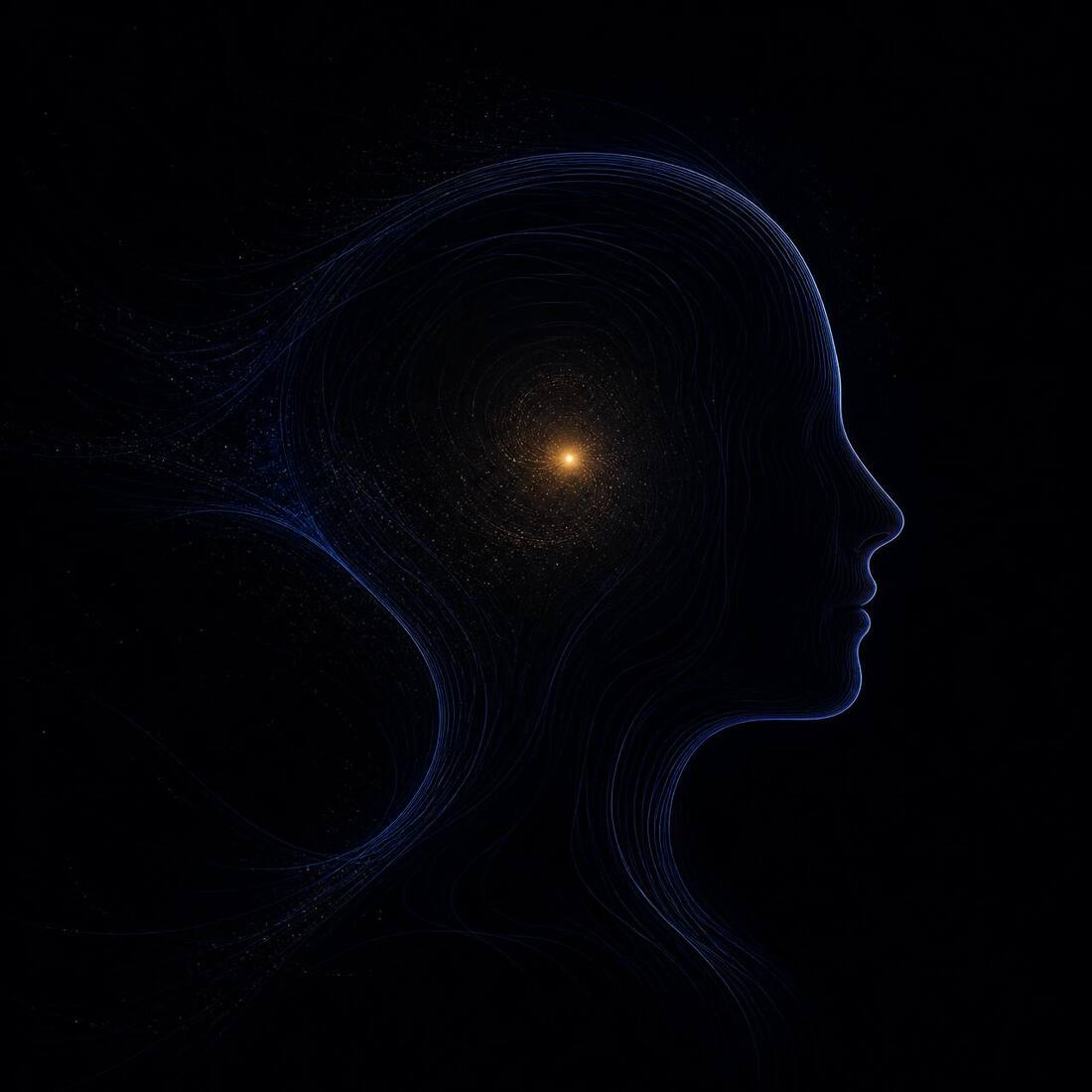 Abstract luminous side profile of a human head with a single point of light within